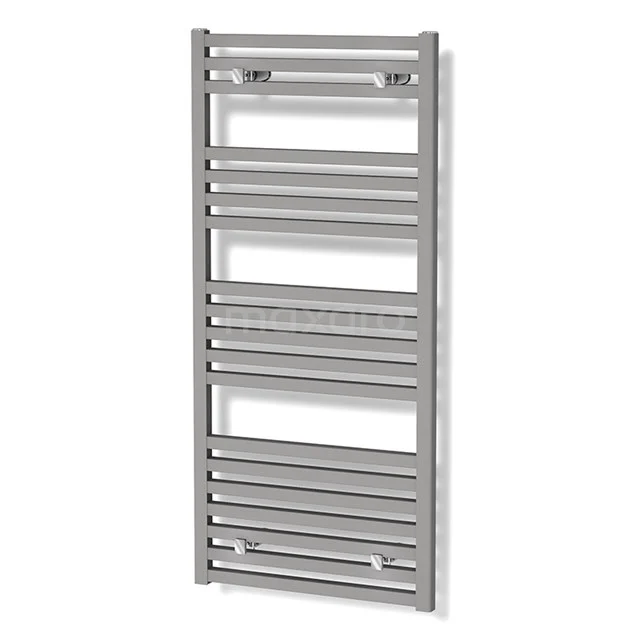 Grey towel radiator with horizontal tubes, ideal for a modern bathroom; made of stainless steel.