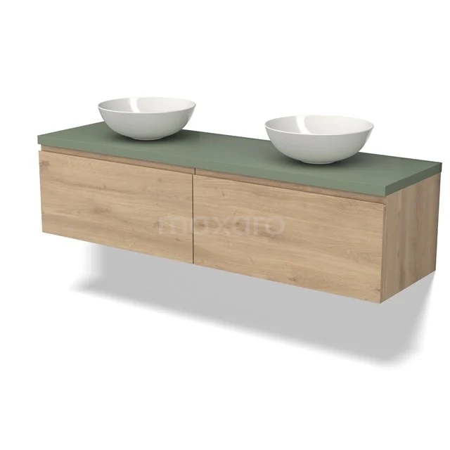 Modulo Plato Vanity units for countertop basin | 160 cm Light brown oak Handle-less front Sage green worktop 2 Side-by-side drawers BMK12-01712
