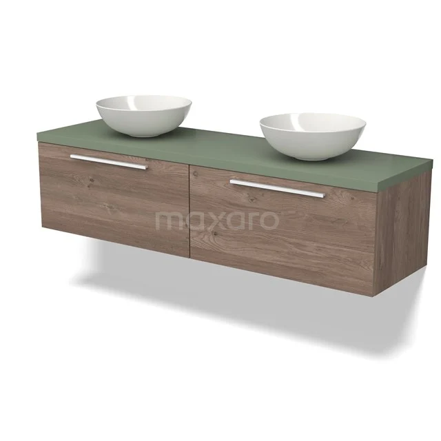 Modulo Plato Vanity units for countertop basin | 160 cm Mid brown oak Flat front Sage green worktop 2 Side-by-side drawers BMK12-01713