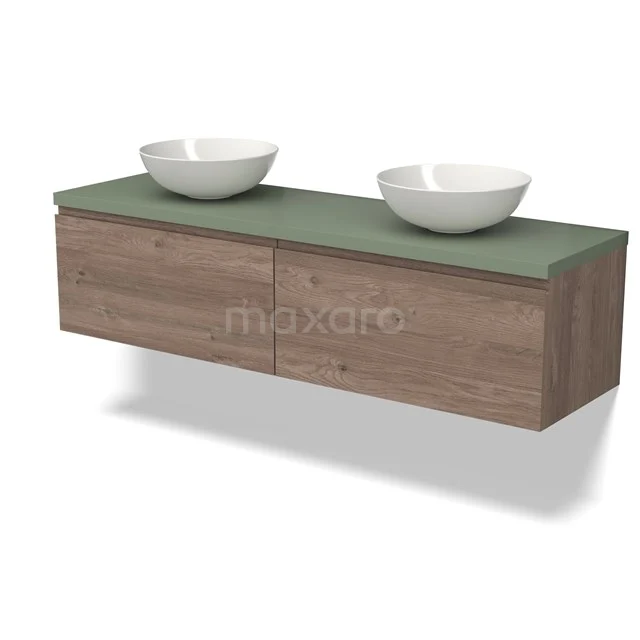 Modulo Plato Vanity units for countertop basin | 160 cm Mid brown oak Handle-less front Sage green worktop 2 Side-by-side drawers BMK12-01715