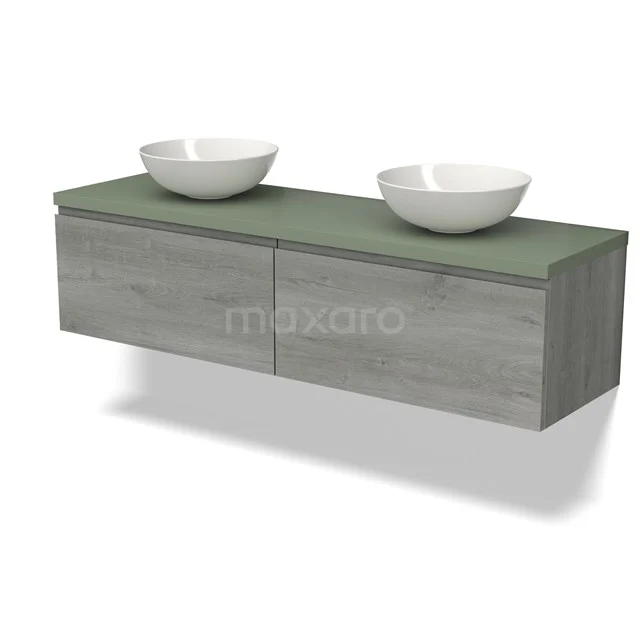 Grey floating bathroom unit with green plastic top and double white countertop wash basins, modern and practical design.