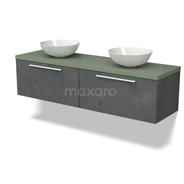 Zwevend Badmöbel mit doppelten Aufsatzwaschbecken, Grau Betoneffekt, grünem Platte und modernen Metall Haltegriffen.