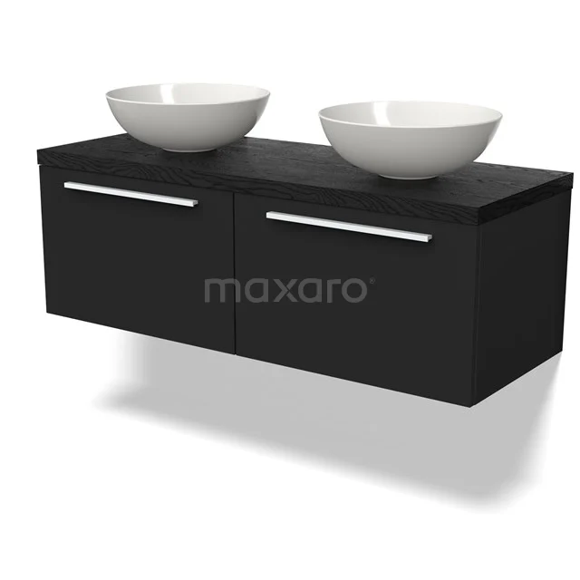 Waschtischunterschrank mit Konsole BMK12-01723 Schwarzes Doppelwaschtisch mit zwei weißen runden Aufsatzwaschbecken, modernes Design, ideal für stilvolle Badezimmergestaltung.