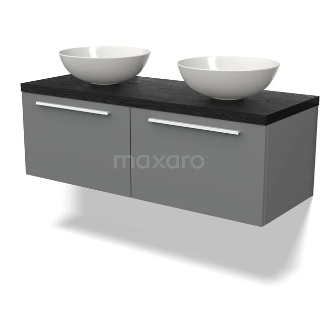 Waschtischunterschrank mit Konsole BMK12-01726 Grau schwebendes Badmöbel mit schwarzer Holzplatte und zwei weißen schalenförmigen Waschbecken, modernes Design.