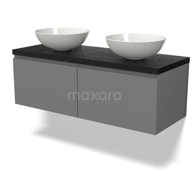 Graue schwebende Badmöbelset mit schwarzer Platte und zwei weißen runden Waschbecken, modernes Design aus hochwertigem Material.