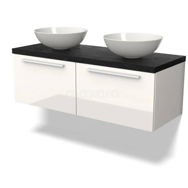 Wandhängendes weißes Badezimmermöbel mit schwarzer Platte und zwei keramischen Aufsatzwaschbecken, modernes Design.