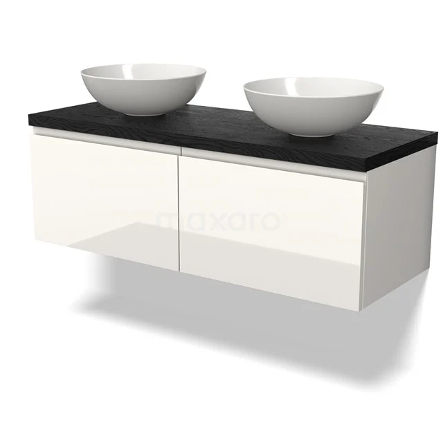 Weiße Badmöbelset mit schwarzer Platte, Doppelwaschbecken und moderner Wandmontage, elegantes Design.