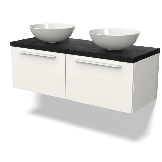 Weißes schwebendes Badmöbel mit zwei Aufsatzwaschbecken, schwarzer Steinplatte und modernen Haltegriffen. Ideal für ein stilvolles Badezimmer.