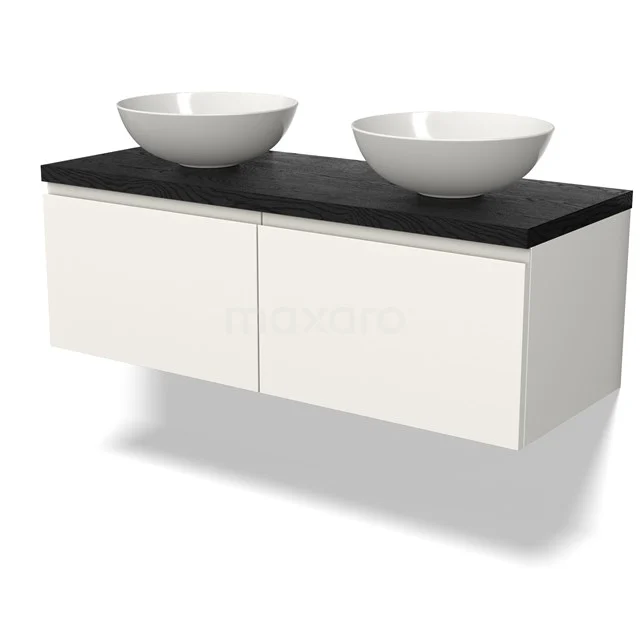 Weißes schwebendes Badmöbel mit schwarzer Platte und doppelten runden Aufsatzwaschbecken, modernes Design für luxuriöse Bäder.