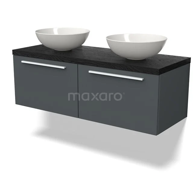 Modulo Plato Badmöbel mit Aufsatzwaschbecken | 120 cm Dunkelgrau Flach front Schwarze Eiche blatt 2 nebeneinanderliegende Schubladen BMK12-01734 Dunkelgraue schwebende Badmöbelset mit zwei weißen keramischen Aufsatzwaschbecken und einer schwarzen Platte.