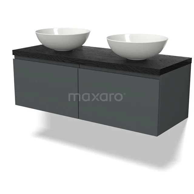 Grau Badmöbel mit Schwarz Platte und zwei weißen keramischen Aufsatzwaschbecken, straffes Design.