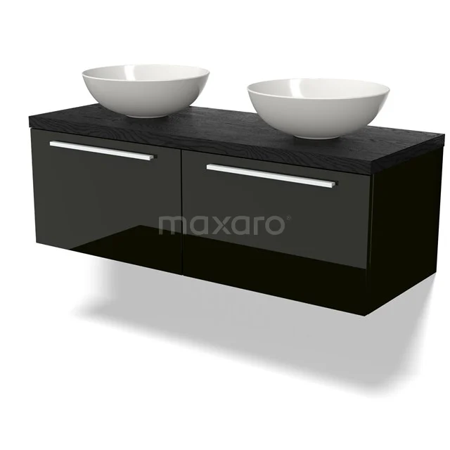 Waschtischunterschrank mit Konsole BMK12-01736 Zwevend Schwarz Badezimmermöbel mit glanzender Oberfläche, zwei Schubladen und zwei weißen Aufsatzwaschbecken, modernes Design.