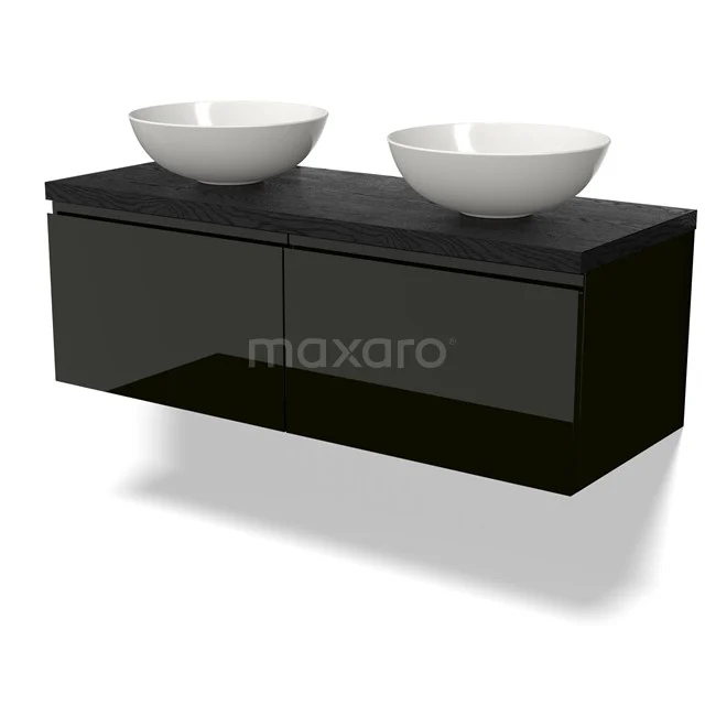 Schwebendes schwarzes Badezimmermöbel mit Hochglanzoberfläche, Doppelplatte und zwei weißen Aufsatzwaschbecken, modernes Design.