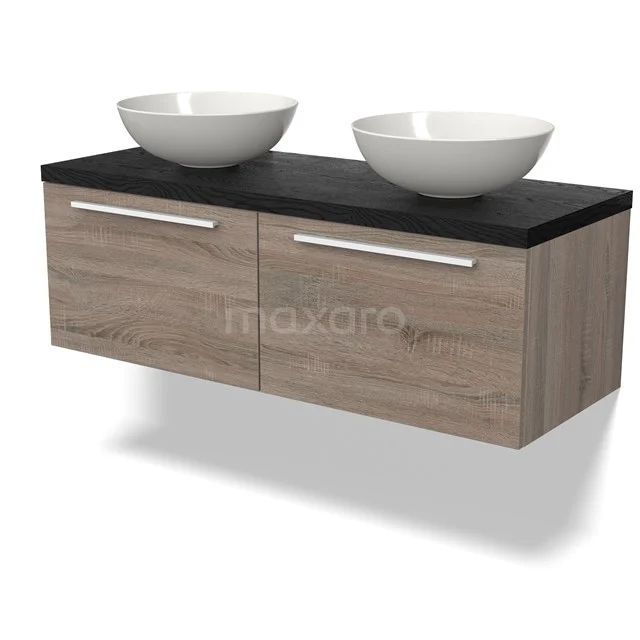 Holz-Badmöbel mit zwei runden, weißen Aufsatzwaschbecken und schwarzer Arbeitsplatte, ideal für moderne Badezimmergestaltung.