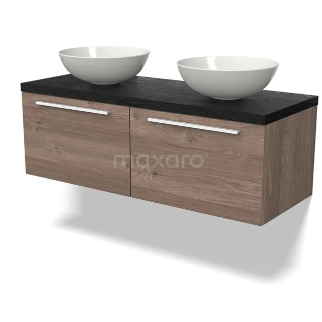 Modulo Plato Vanity units for countertop basin | 120 cm Mid brown oak Flat front Black oak worktop 2 Side-by-side drawers BMK12-01745
