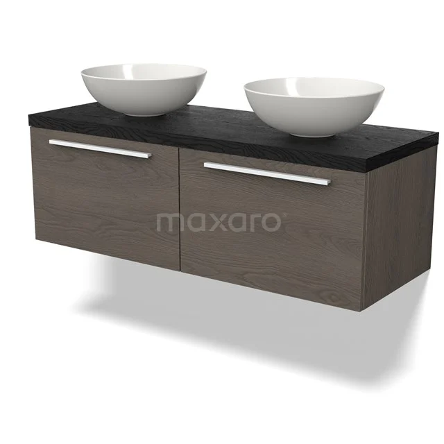 Holz Badezimmermöbel mit Doppelwaschbecken, dunkler Platte und weißen Schalen, ideal für stilvolle Bäder.