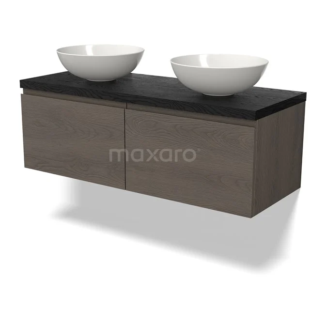 Wooden bathroom unit with dark worktop, two countertop wash basins and floating design; ideal for modern bathrooms.