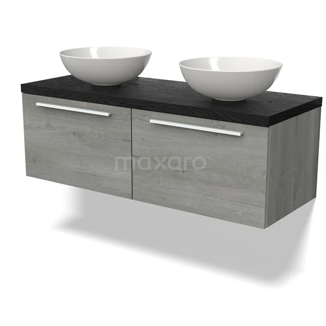 Waschtischunterschrank mit Konsole BMK12-01751 Zwevende Badmöbel in Grau Holz mit Schwarz Platte und doppelten weißen Aufsatzwaschbecken, modernes Design mit metallischen Haltegriffen.
