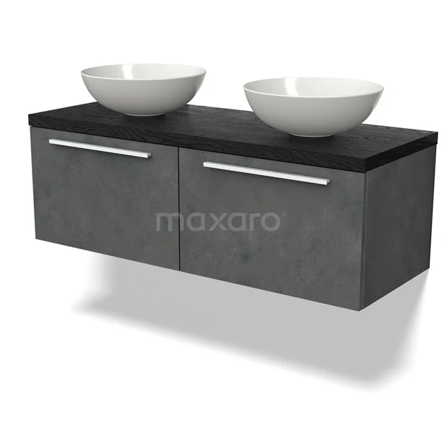 Grau Badmöbel mit Betonlook, zwei weiße Aufsatzwaschbecken und silberne Haltegriffe, perfekt für moderne Badezimmerstile.