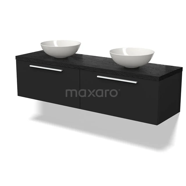 Schwarzes schwebendes Badezimmermöbel mit doppelten weißen runden Waschbecken, modernes Design und silbernen Haltegriffen.