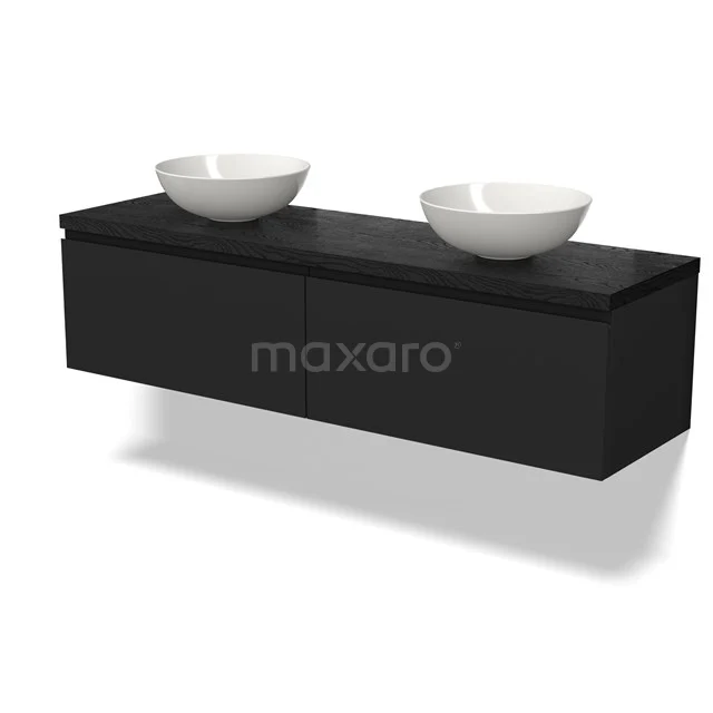 Black floating vanity set with double countertop wash basins and clean lines, perfect for a modern bathroom style.