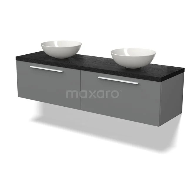 Grey floating bathroom unit with double basin, black top plate and modern design, ideal for stylish bathrooms.