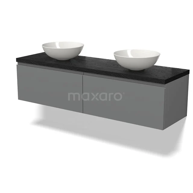 Grey floating bathroom unit with black top, double white countertop wash basins and sleek design.