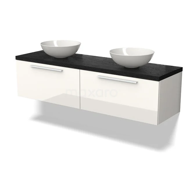 White double vanity unit with black top, two round bowls, and sleek handles; modern bathroom design.