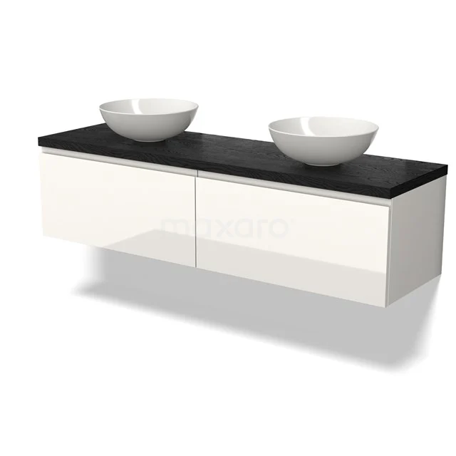 White wall-mounted bathroom unit with black worktop and double countertop wash basins, modern design made of high-gloss material.