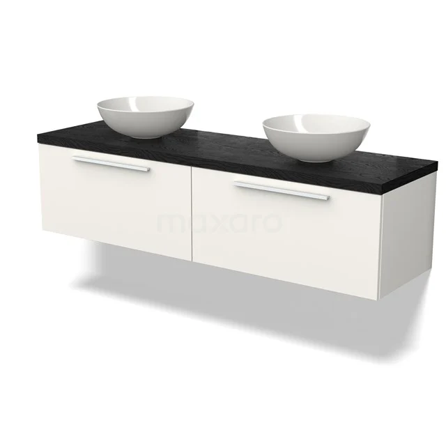White floating bathroom unit with black worktop, two round countertop wash basins and metal handles; stylish and modern design.