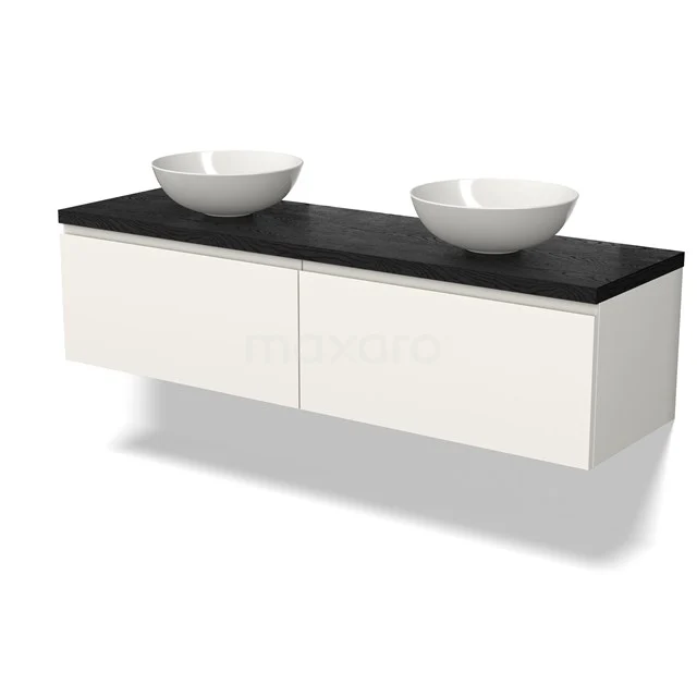 White floating bathroom unit with two black drawers, black worktop and two round white basins, modern design.