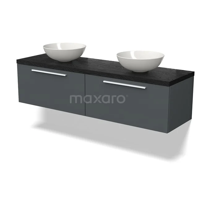 Modern grey bathroom furniture set with double basin and black worktop, sleek design ideal for any stylish bathroom.