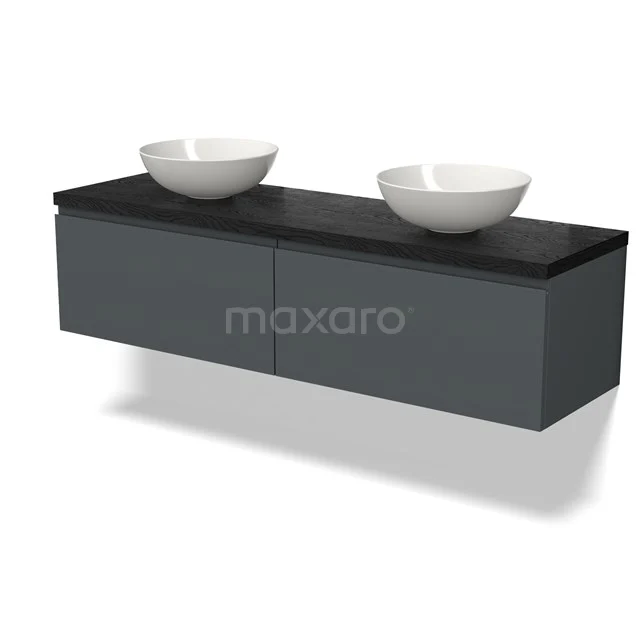 Grey bathroom furniture set with two white countertop wash basins, matte anthracite finish and black top, modern and stylish design.