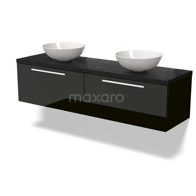Black high-gloss black hanging bathroom furniture set with double basin; modern design with ceramic bowls and chrome handles.