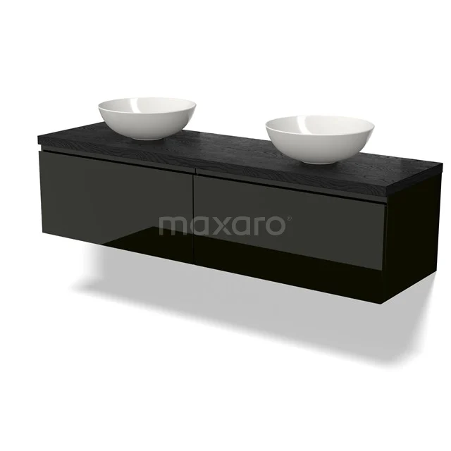 Black floating vanity unit with double white countertop wash basins, glossy finish, modern design for luxury bathroom.