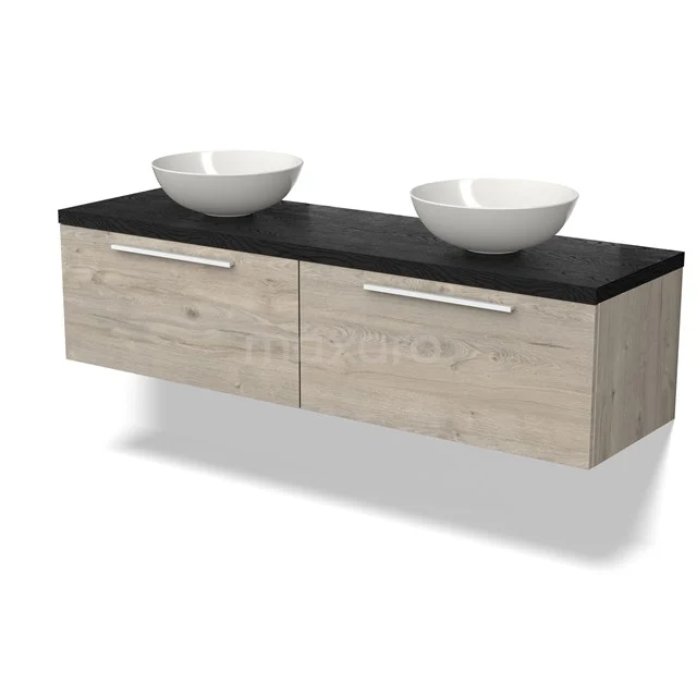 Hölzernes Badezimmermöbel mit schwarzer Platte, Doppelwaschbecken und Ladegriffen; modernes Design für stilvolle Bäder.