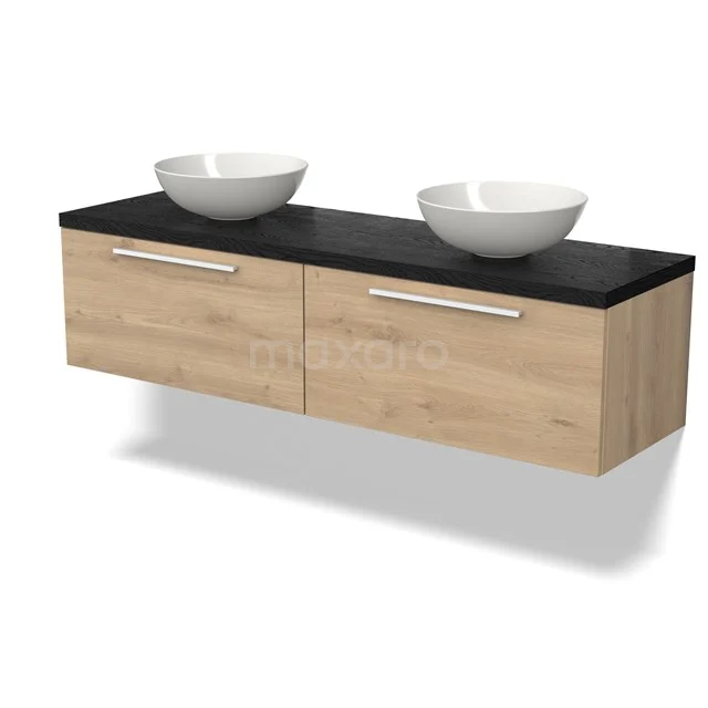 Hölzernes Badezimmermöbel mit schwarzer Platte, doppelten Aufsatzwaschbecken und Schubladen; schlankes und modernes Design für ein stilvolles Badezimmer.