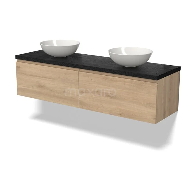Wooden bathroom unit with 2 drawers, black worktop and 2 white countertop wash basins, modern design for stylish bathroom furnishing.