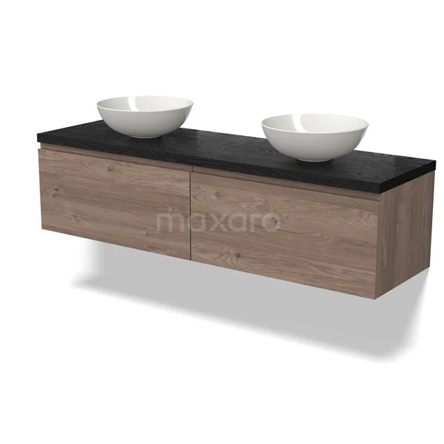 Holz-Badmöbel mit zwei Schubladen, schwarzer Platte und doppelten runden Aufsatzwaschbecken, ideal für einen modernen Badezimmerstil.