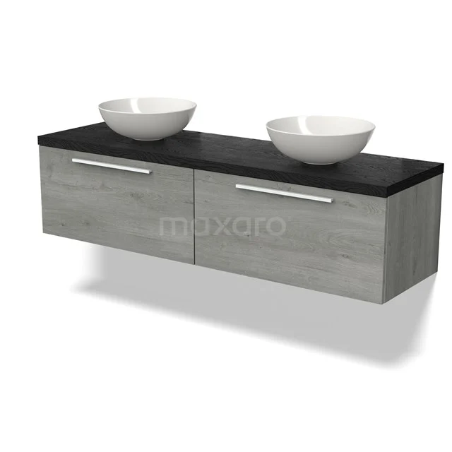 Grey floating bathroom cabinet with black top and two white basin bowls, modern design and durable materials.