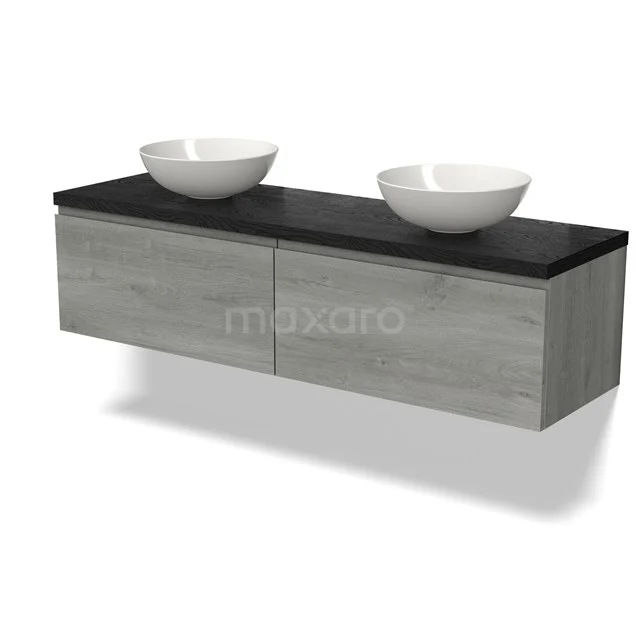 Badmöbel Holzoptik mit schwarzer Platte, doppelten Aufsatzwaschbecken und schwebendem Design für einen modernen Badezimmerstil.