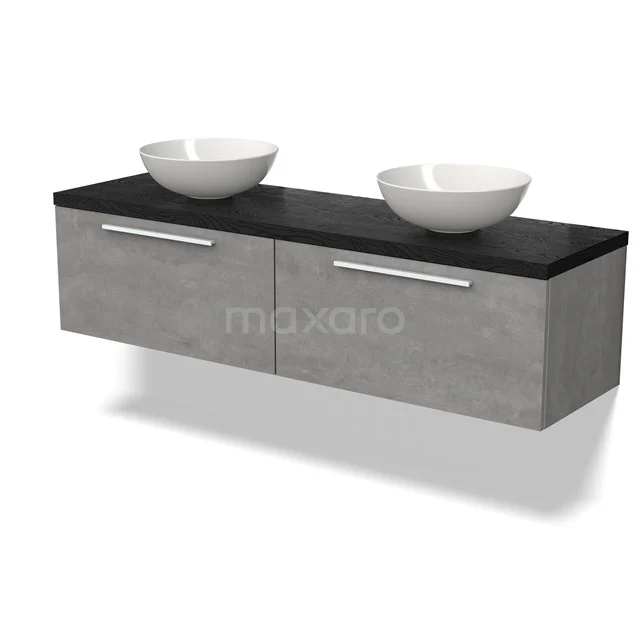 Floating bathroom unit with concrete look, double white vanity units with basin and black chrome worktop, modern design with chrome handles.