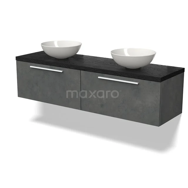 Antrazit Badezimmermöbel mit 2 Schubladen, schwarzer Oberplatte und weißen Aufsatzwaschbecken; modernes Design, ideal für ein stilvolles Badezimmer.