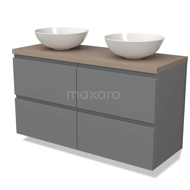 Grijze badkamermeubelset met houten blad en dubbele witte waskommen, modern design en royale opberglades.