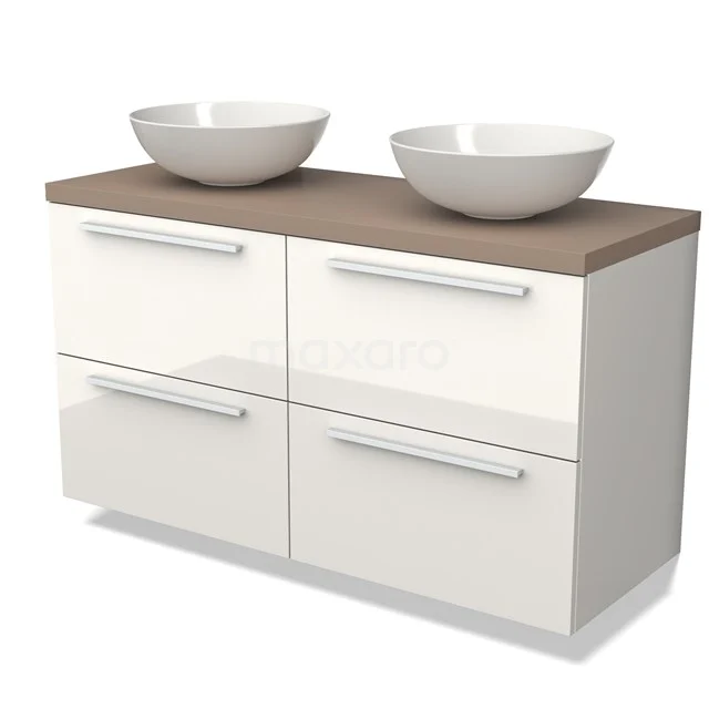 Wit glanzend badkamermeubel met houtlook blad, vier lades en dubbele wastafel; modern, functioneel ontwerp.