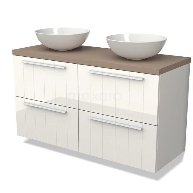 Wit hangend badkamermeubel met dubbele waskommen, houtlook blad en vier lades, modern ontwerp en gladde afwerking.