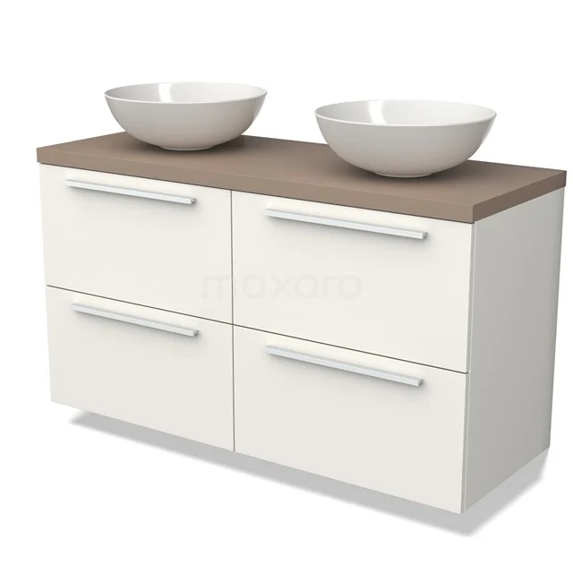 White double vanity unit with wooden worktop, four drawers and modern top-mounted bowls, ideal addition to a stylish bathroom.