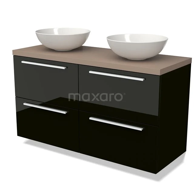 Black glossy bathroom unit with wood-look worktop and two white ceramic vanity units for countertop wash basins, modern design for stylish bathrooms.