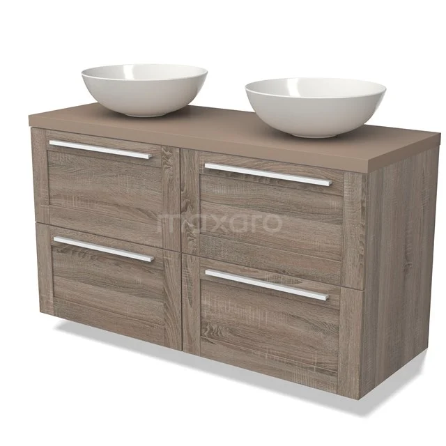 Wooden bathroom unit with double basin, four drawers and modern metal handles, perfect for a stylish bathroom.