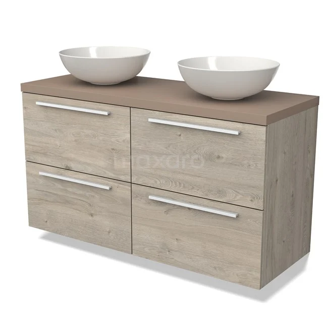 Wooden bathroom unit with two white countertop wash basins, four drawers and a modern wood-look finish for stylish bathroom storage.